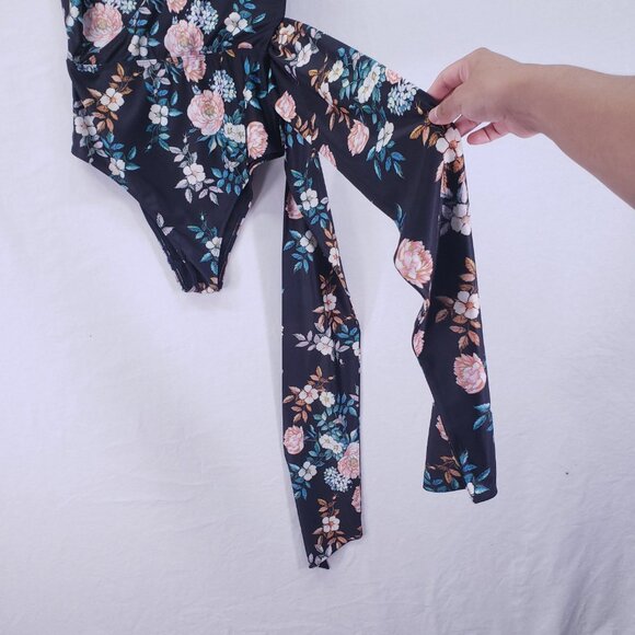 ASOS Swim Size 8 Black Floral Wrap Tie V Neck One Piece Sexy Swimsuit - Picture 2 of 13